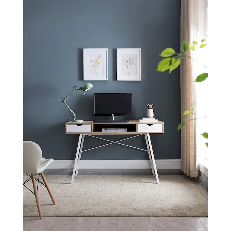 Bureau d'écriture moderne du milieu du siècle, bureau d'ordinateur de maison avec tiroirs et rangement