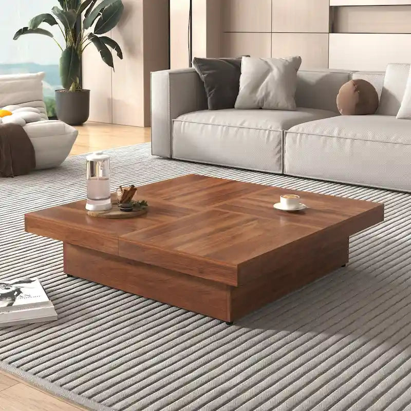 Table basse plaquée avec plateau coulissant et fonction de rangement