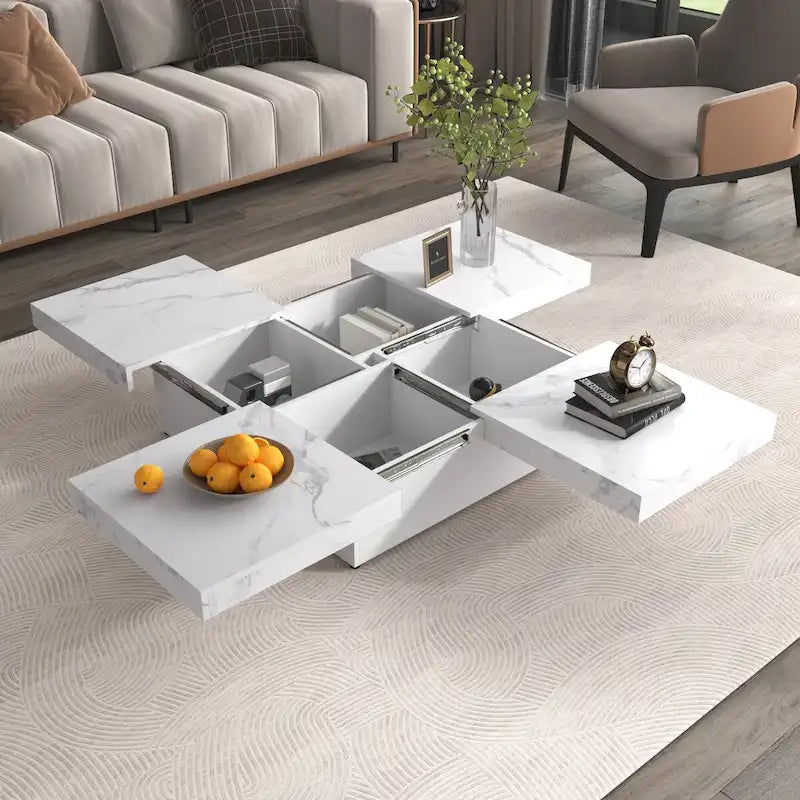 Table basse plaquée avec plateau coulissant et fonction de rangement
