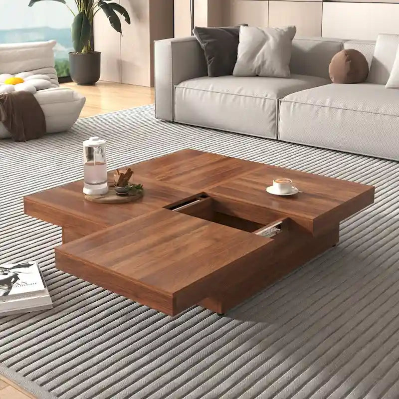 Table basse plaquée avec plateau coulissant et fonction de rangement