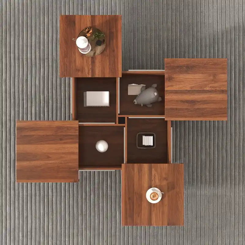 Table basse plaquée avec plateau coulissant et fonction de rangement
