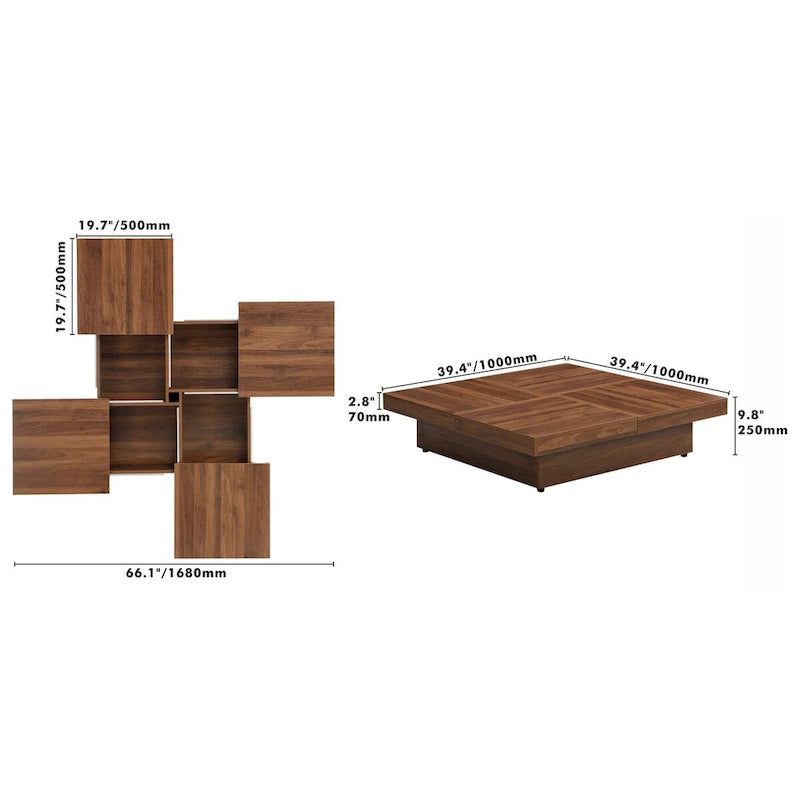 Table basse plaquée avec plateau coulissant et fonction de rangement