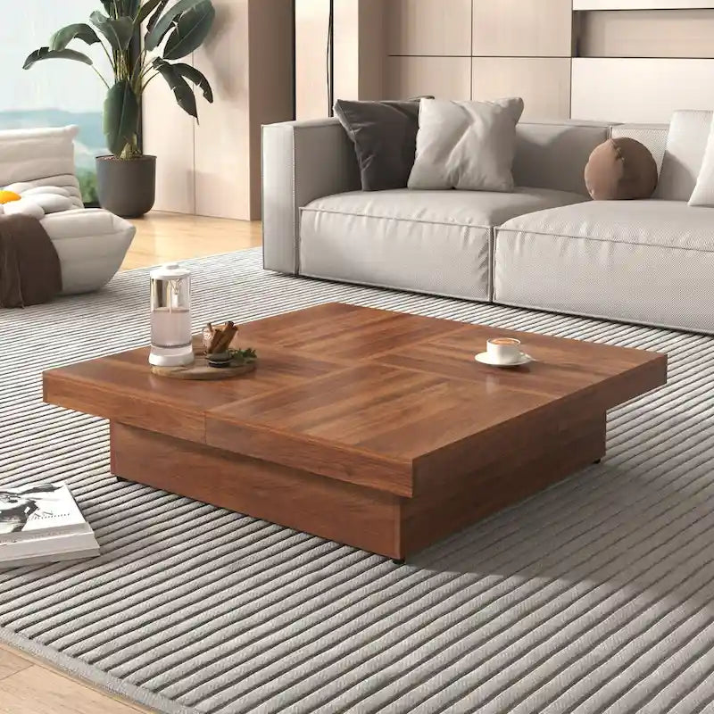 Table basse plaquée avec plateau coulissant et fonction de rangement