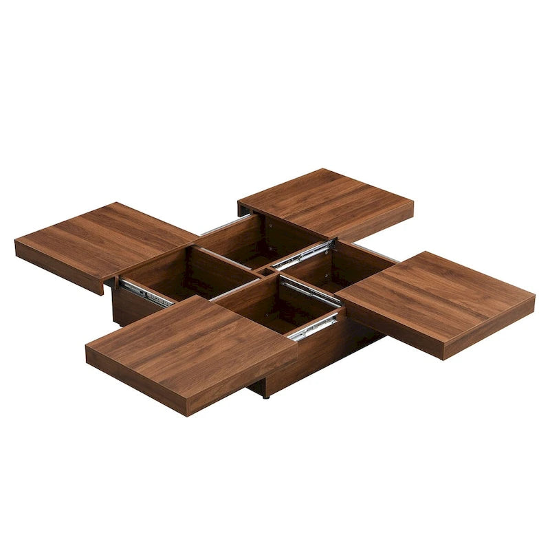 Table basse plaquée avec plateau coulissant et fonction de rangement