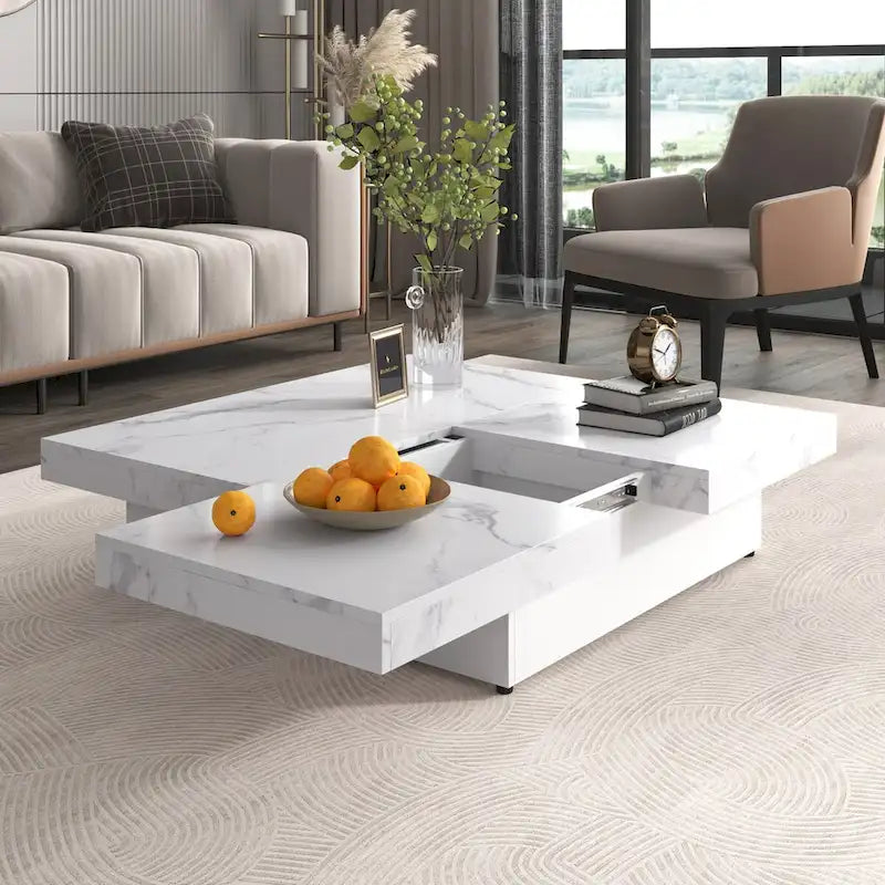 Table basse plaquée avec plateau coulissant et fonction de rangement
