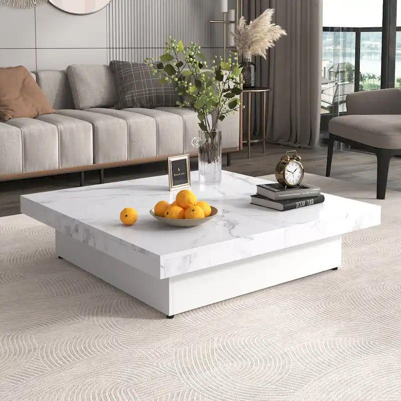 Table basse plaquée avec plateau coulissant et fonction de rangement