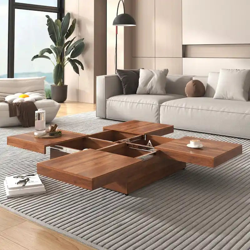 Table basse plaquée avec plateau coulissant et fonction de rangement