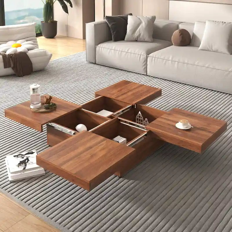 Table basse plaquée avec plateau coulissant et fonction de rangement