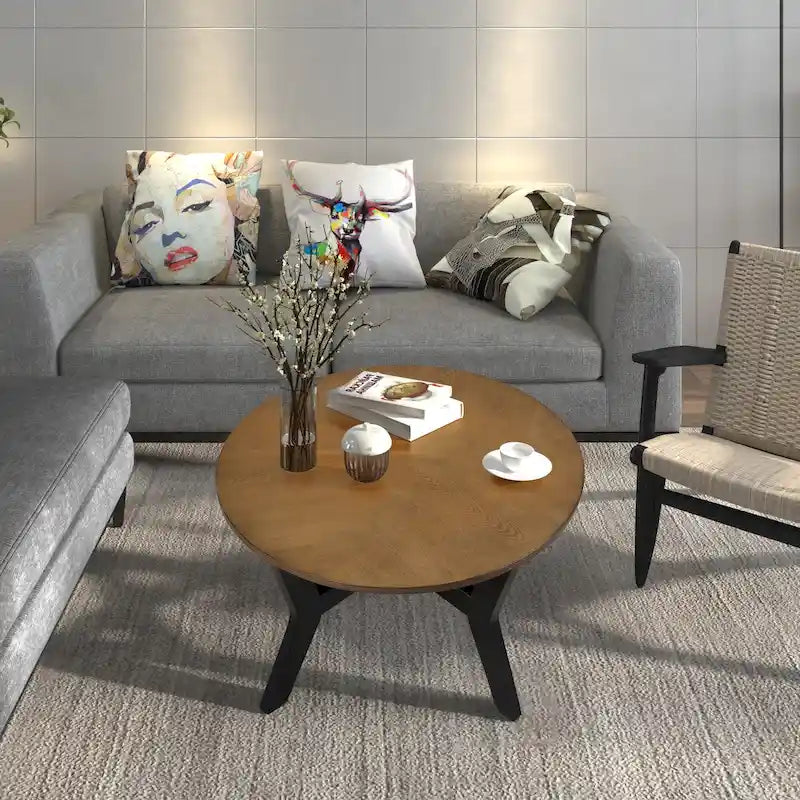 Table basse ronde en bois de 32 pouces pour salon, style ferme moderne du milieu du siècle