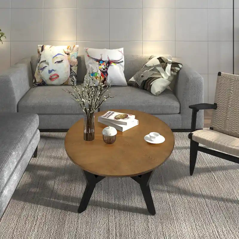 Table basse ronde en bois de 32 pouces pour salon, style ferme moderne du milieu du siècle