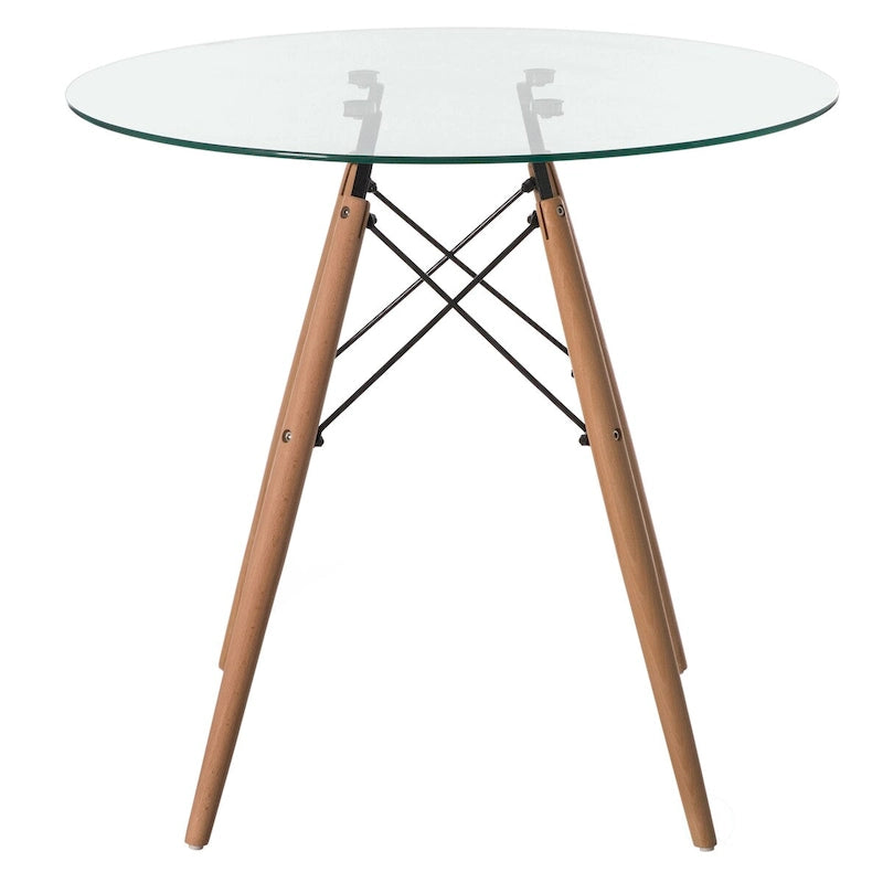 Table à manger d'appoint ronde avec plateau en verre transparent et 4 pieds en bois de hêtre massif