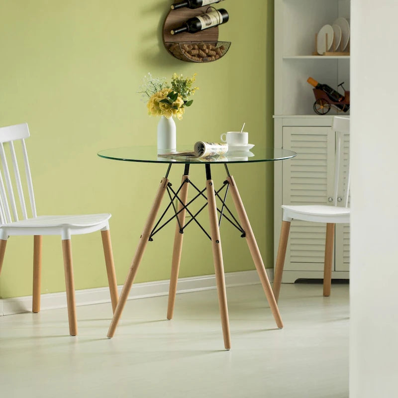 Table à manger d'appoint ronde avec plateau en verre transparent et 4 pieds en bois de hêtre massif