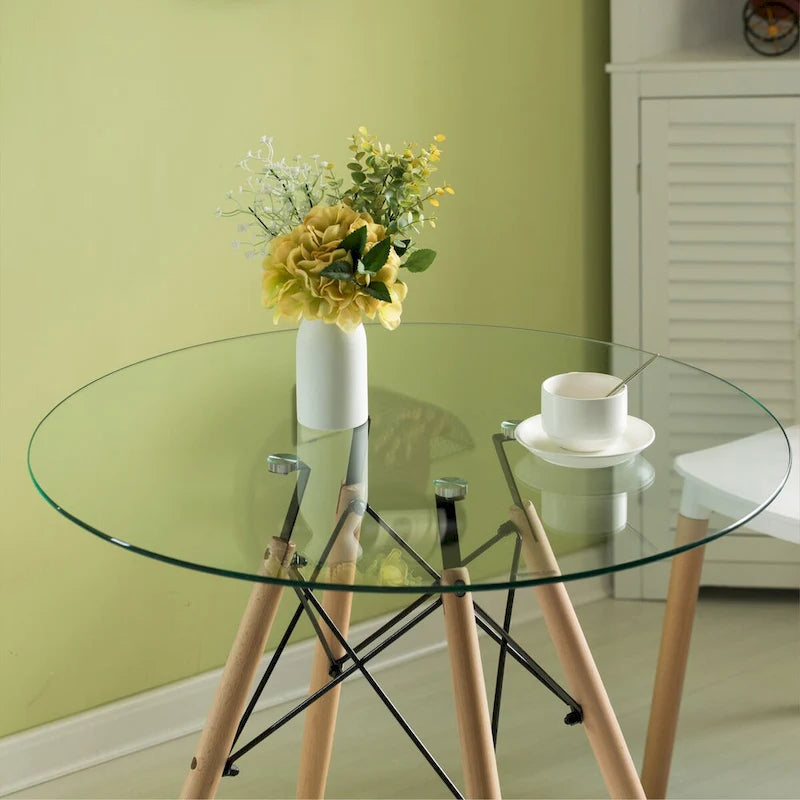 Table à manger d'appoint ronde avec plateau en verre transparent et 4 pieds en bois de hêtre massif