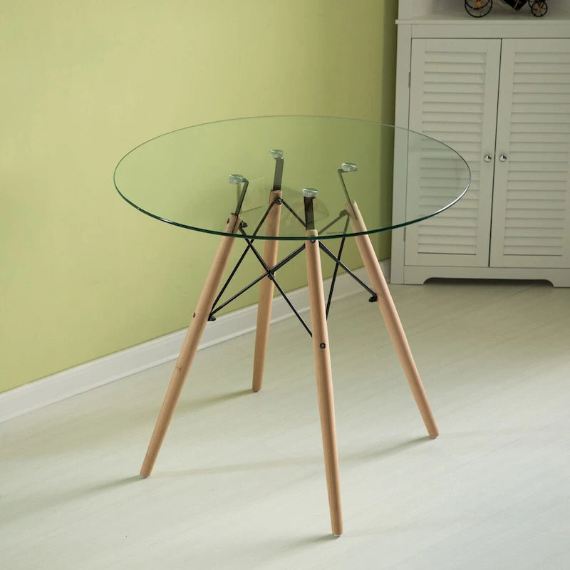 Table à manger d'appoint ronde avec plateau en verre transparent et 4 pieds en bois de hêtre massif
