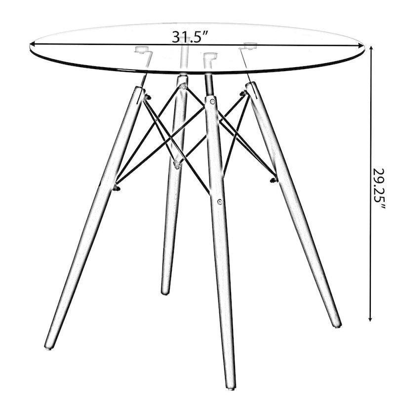 Table à manger d'appoint ronde avec plateau en verre transparent et 4 pieds en bois de hêtre massif