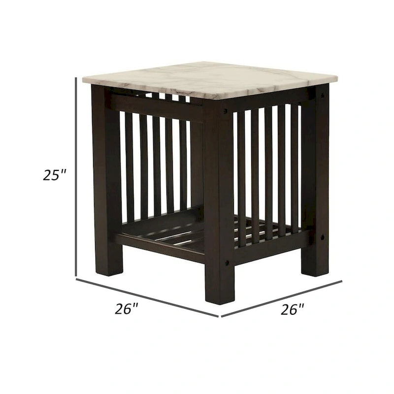 Table d'appoint de 21 po, faux marbre blanc, étagère inférieure, bois noir