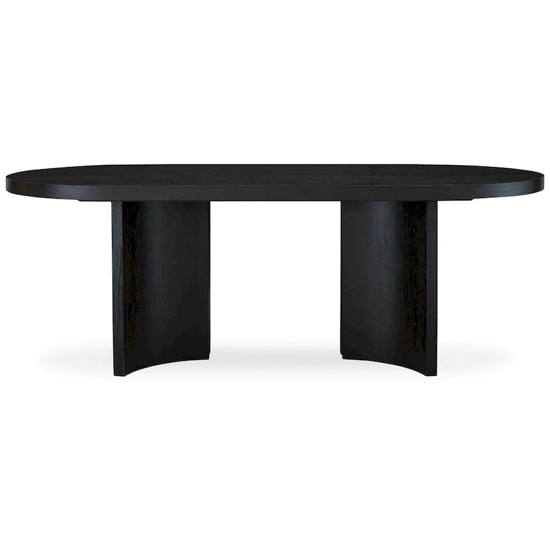 Table de salle à manger de 86 pouces, plateau ovale, pied central, incurvée, finition noire