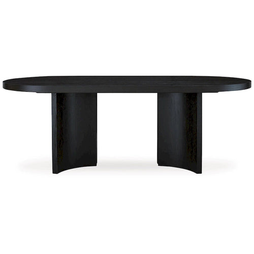 Table de salle à manger de 86 pouces, plateau ovale, pied central, incurvée, finition noire