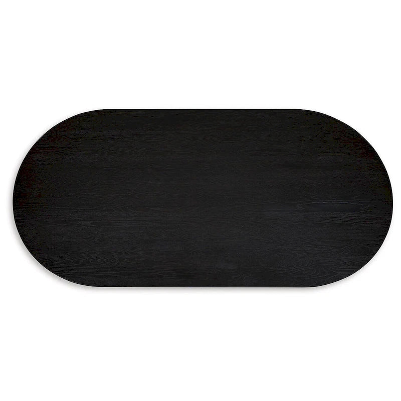 Table de salle à manger de 86 pouces, plateau ovale, pied central, incurvée, finition noire