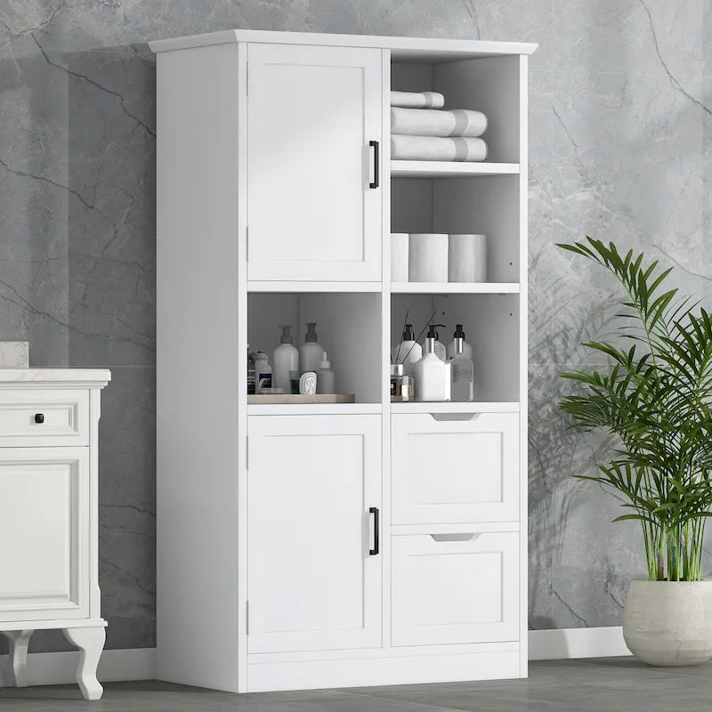 Meuble de rangement de salle de bain avec 2 portes, 2 tiroirs, étagère ouverte et étagère réglable