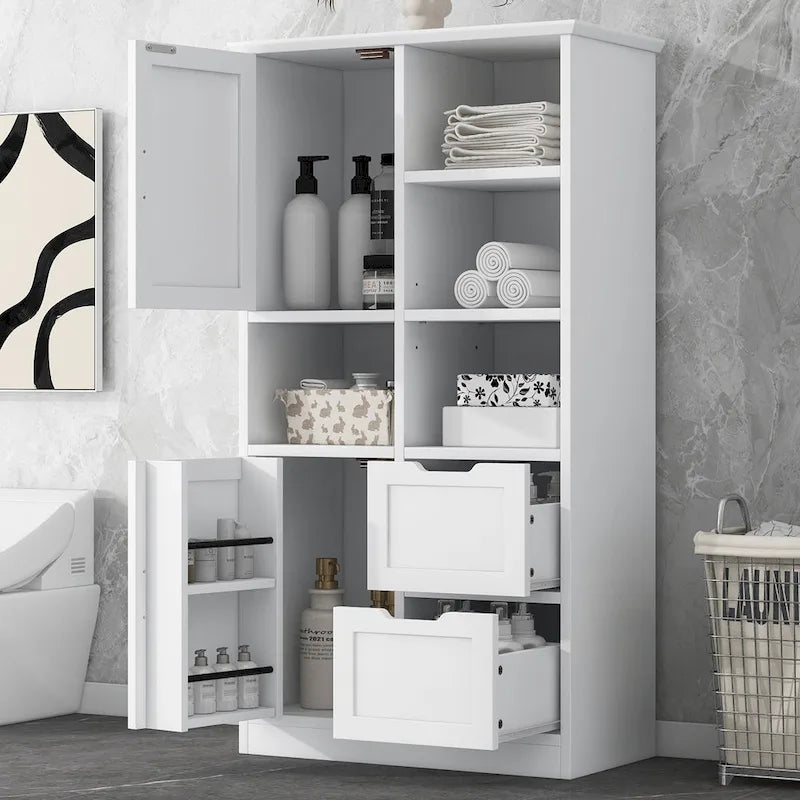 Meuble de rangement de salle de bain avec 2 portes, 2 tiroirs, étagère ouverte et étagère réglable