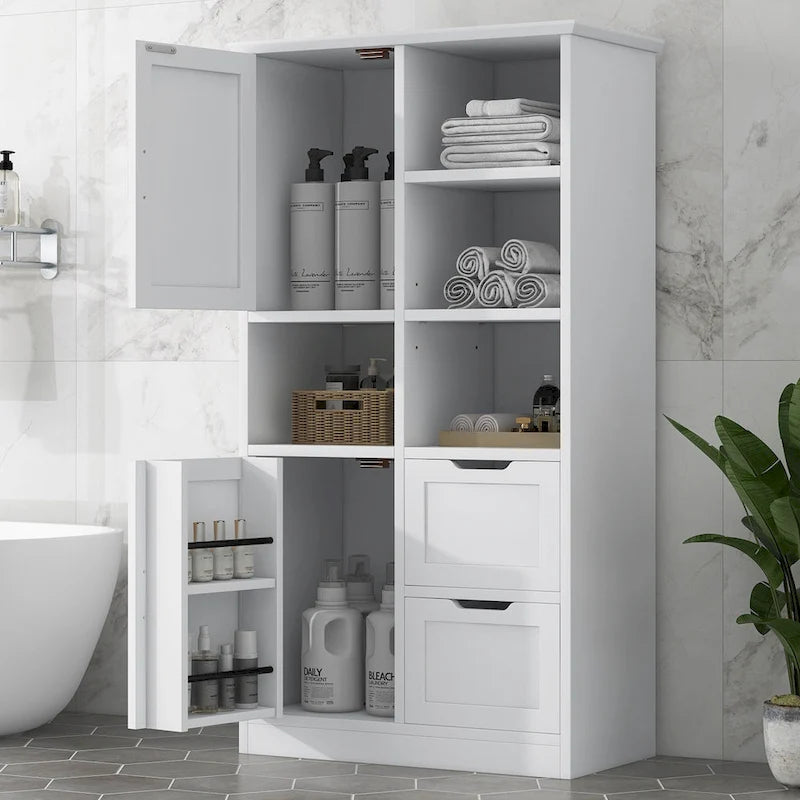 Meuble de rangement de salle de bain avec 2 portes, 2 tiroirs, étagère ouverte et étagère réglable