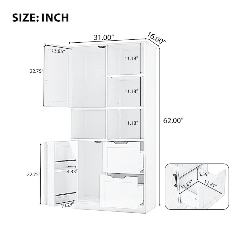 Meuble de rangement de salle de bain avec 2 portes, 2 tiroirs, étagère ouverte et étagère réglable
