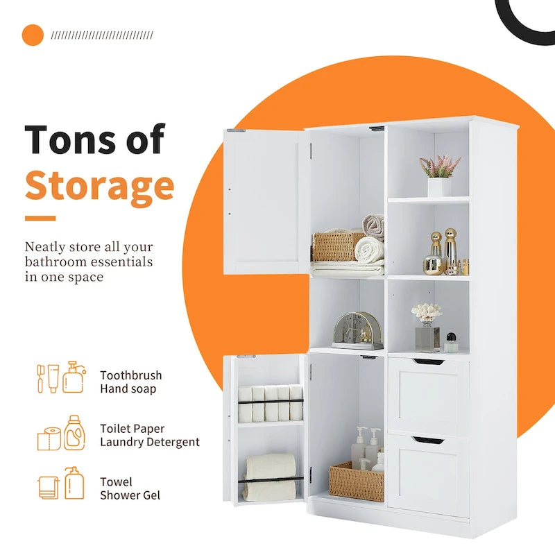 Meuble de rangement de salle de bain avec 2 portes, 2 tiroirs, étagère ouverte et étagère réglable