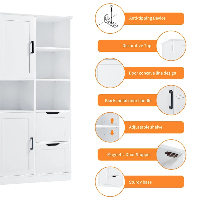 Meuble de rangement de salle de bain avec 2 portes, 2 tiroirs, étagère ouverte et étagère réglable