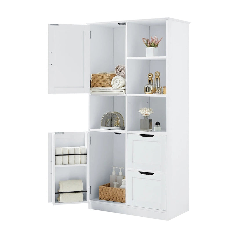 Meuble de rangement de salle de bain avec 2 portes, 2 tiroirs, étagère ouverte et étagère réglable