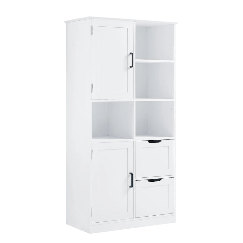 Meuble de rangement de salle de bain avec 2 portes, 2 tiroirs, étagère ouverte et étagère réglable