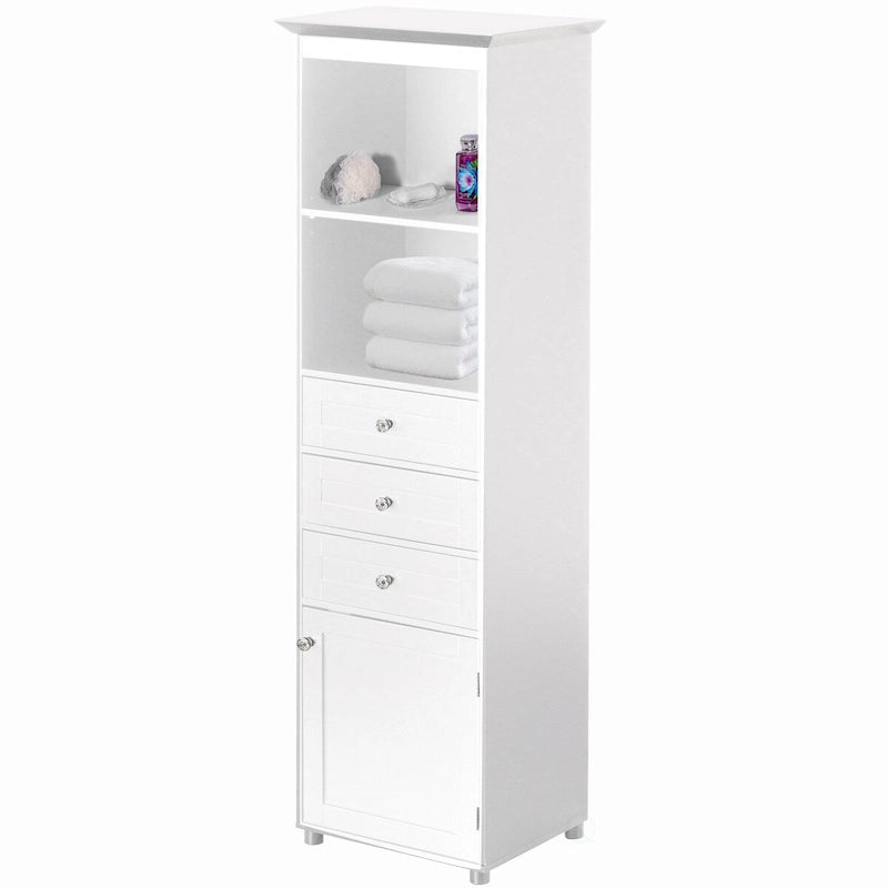 Colonne de rangement haute et autoportante, Tour de linge, Placard de vanité, Meuble de salle de bain avec 2 étagères ouvertes, 3 tiroirs et une armoire