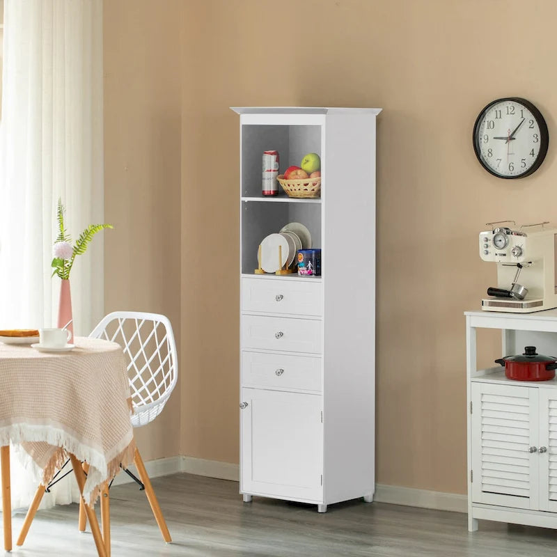Colonne de rangement haute et autoportante, Tour de linge, Placard de vanité, Meuble de salle de bain avec 2 étagères ouvertes, 3 tiroirs et une armoire