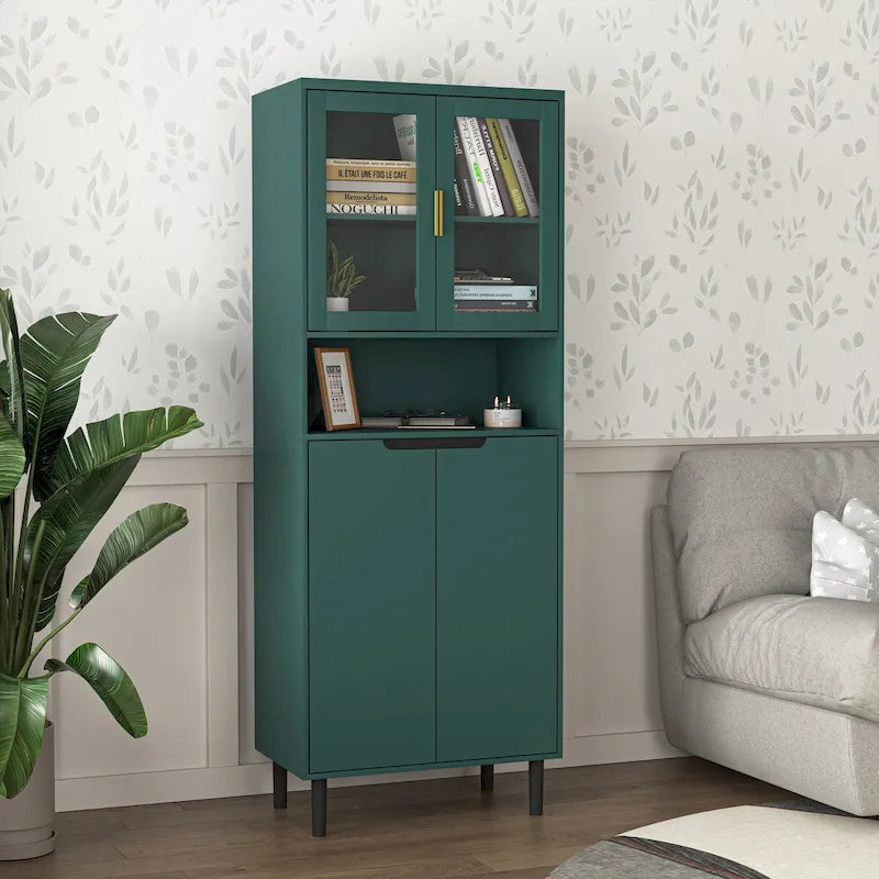 Meuble de rangement haut avec 2 portes vitrées et 2 portes, armoire moderne autoportante pour salle de bain, salle à manger ou salon