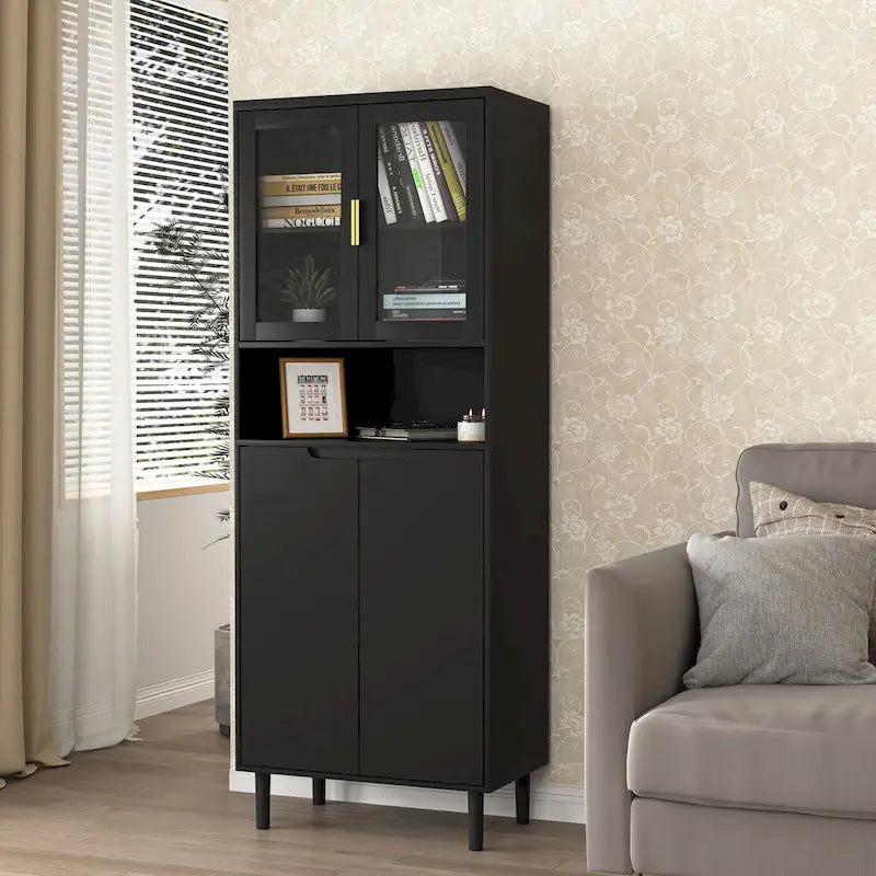 Meuble de rangement haut avec 2 portes vitrées et 2 portes, armoire moderne autoportante pour salle de bain, salle à manger ou salon