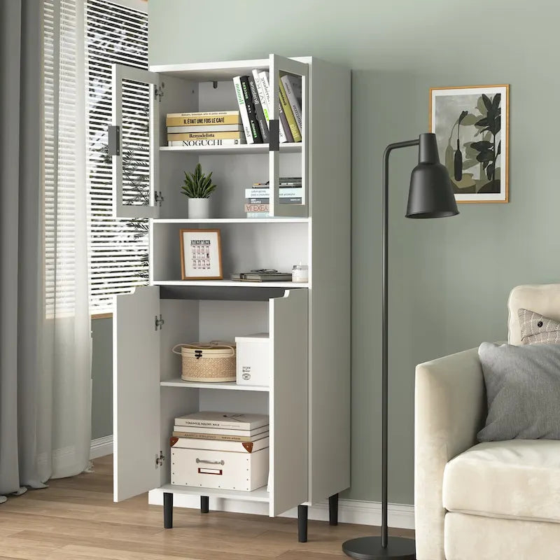 Meuble de rangement haut avec 2 portes vitrées et 2 portes, armoire moderne autoportante pour salle de bain, salle à manger ou salon