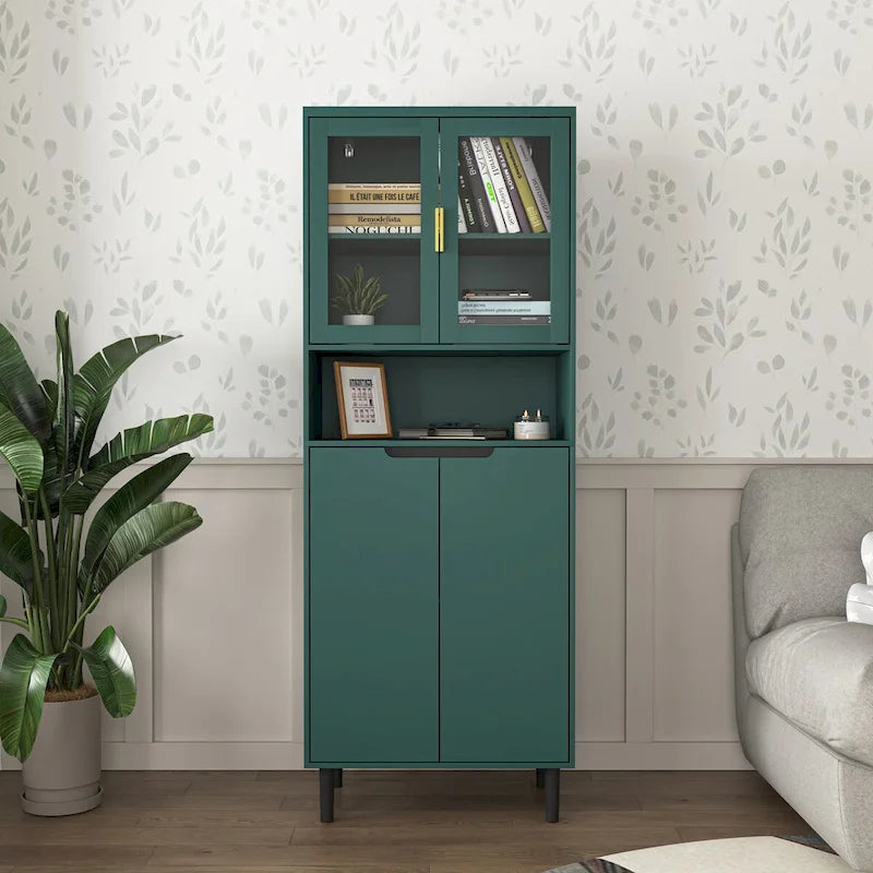 Meuble de rangement haut avec 2 portes vitrées et 2 portes, armoire moderne autoportante pour salle de bain, salle à manger ou salon
