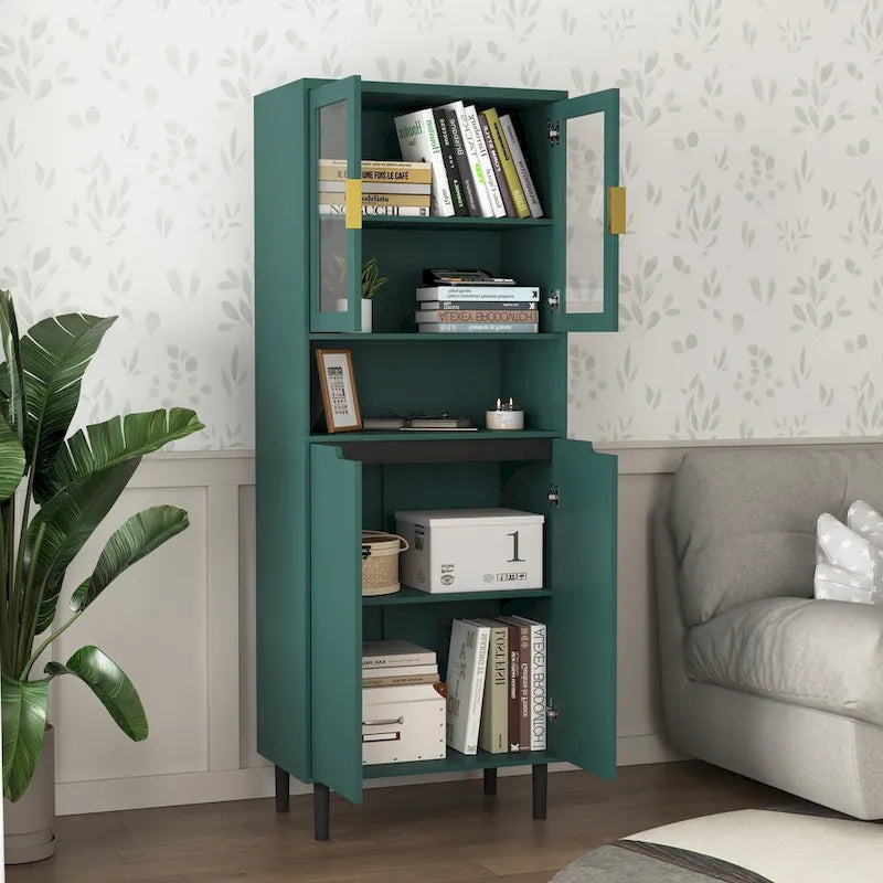 Meuble de rangement haut avec 2 portes vitrées et 2 portes, armoire moderne autoportante pour salle de bain, salle à manger ou salon