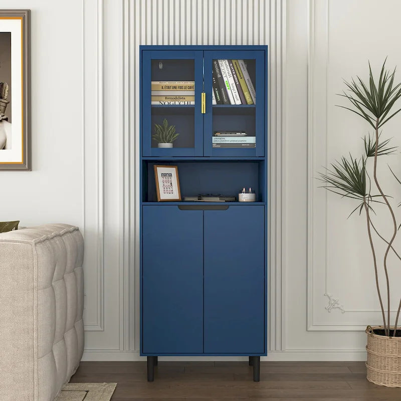 Meuble de rangement haut avec 2 portes vitrées et 2 portes, armoire moderne autoportante pour salle de bain, salle à manger ou salon