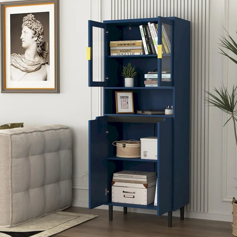 Meuble de rangement haut avec 2 portes vitrées et 2 portes, armoire moderne autoportante pour salle de bain, salle à manger ou salon
