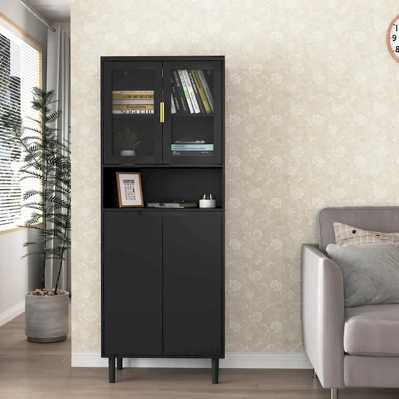 Meuble de rangement haut avec 2 portes vitrées et 2 portes, armoire moderne autoportante pour salle de bain, salle à manger ou salon