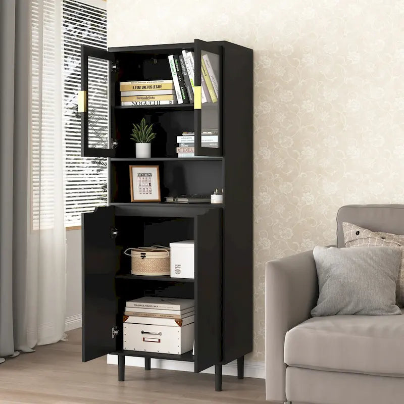 Meuble de rangement haut avec 2 portes vitrées et 2 portes, armoire moderne autoportante pour salle de bain, salle à manger ou salon