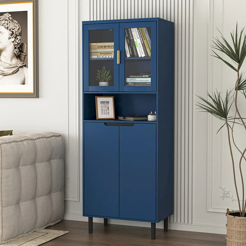 Meuble de rangement haut avec 2 portes vitrées et 2 portes, armoire moderne autoportante pour salle de bain, salle à manger ou salon