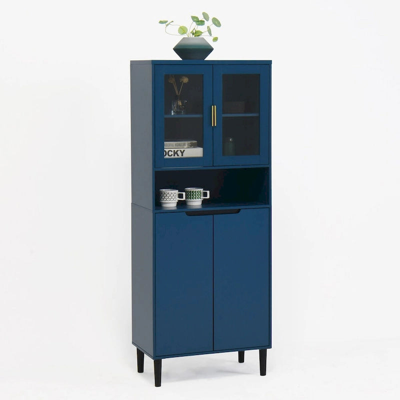 Meuble de rangement haut avec 2 portes vitrées et 2 portes, armoire moderne autoportante pour salle de bain, salle à manger ou salon