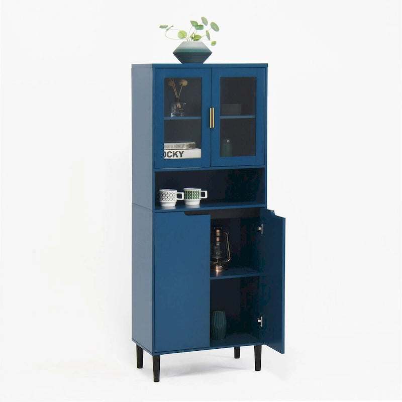 Meuble de rangement haut avec 2 portes vitrées et 2 portes, armoire moderne autoportante pour salle de bain, salle à manger ou salon