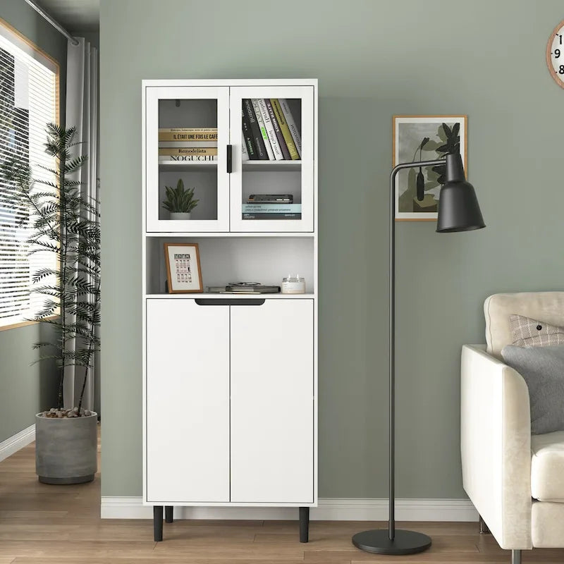 Meuble de rangement haut avec 2 portes vitrées et 2 portes, armoire moderne autoportante pour salle de bain, salle à manger ou salon