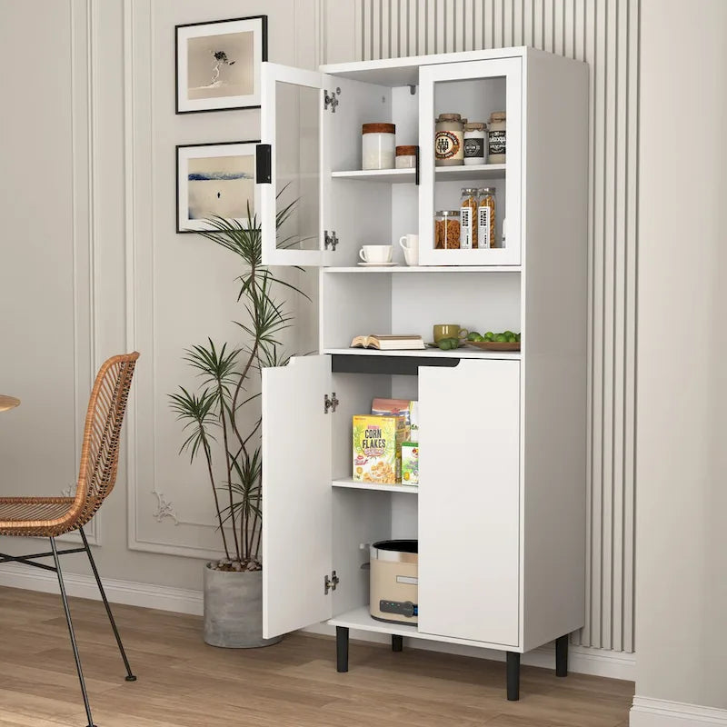 Meuble de rangement haut avec 2 portes vitrées et 2 portes, armoire moderne autoportante pour salle de bain, salle à manger ou salon
