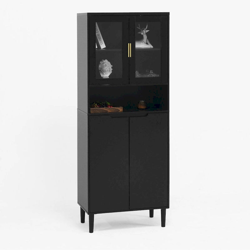Meuble de rangement haut avec 2 portes vitrées et 2 portes, armoire moderne autoportante pour salle de bain, salle à manger ou salon