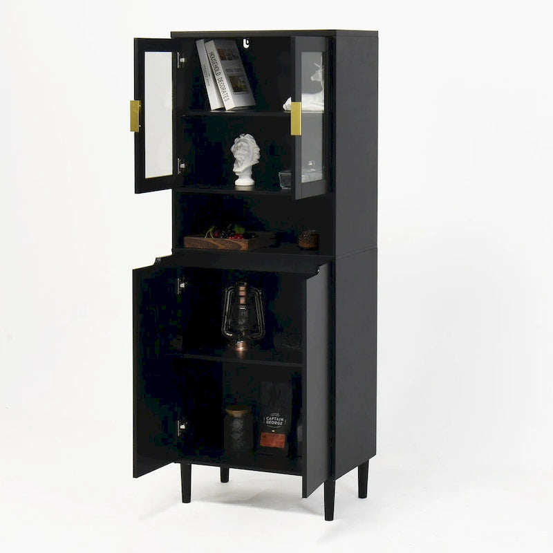 Meuble de rangement haut avec 2 portes vitrées et 2 portes, armoire moderne autoportante pour salle de bain, salle à manger ou salon
