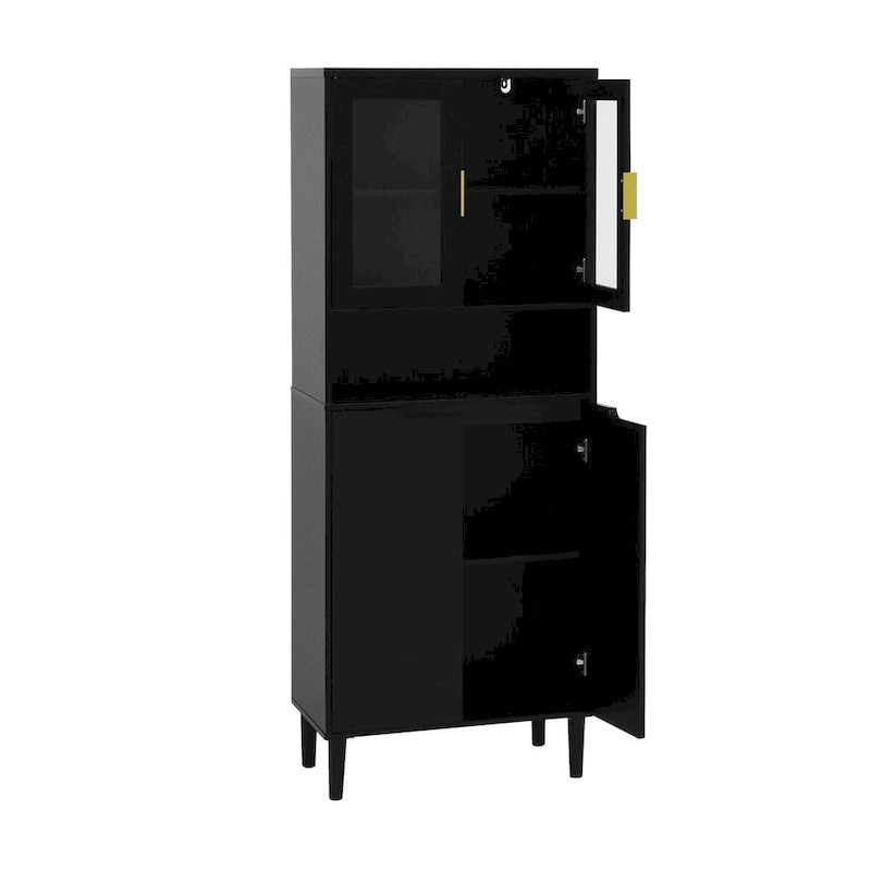 Meuble de rangement haut avec 2 portes vitrées et 2 portes, armoire moderne autoportante pour salle de bain, salle à manger ou salon